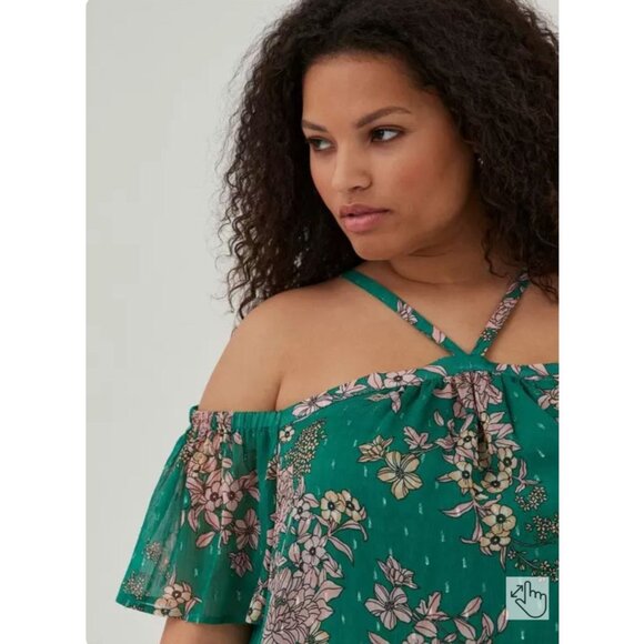 Torrid Top size 2 2X 18 20 Cold Shoulder Halter Crinkle Chiffon Floral Green - Picture 5 of 10
